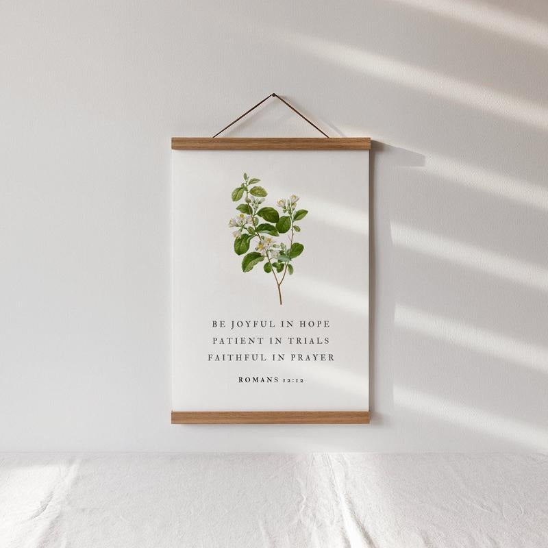 Romans 12:12 Wooden Hanging Sign, Bible Verse Wall Art, Floral Christian Decor, Living Room Scripture Sign, Botanical...