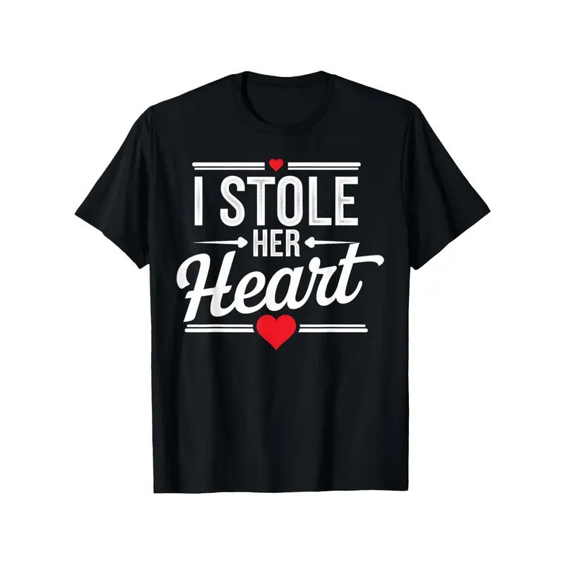 Romantic 'I Stole Her Heart' Couples T-Shirt - 100% Cotton, Short Sleeve, Crew Neck - Perfect for Valentine's Day &...