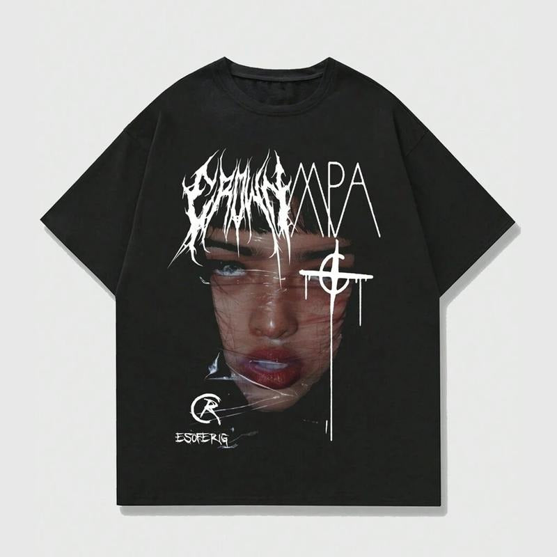Romwe Street Life Casual High Street Vintage Portrait Short Sleeve Y2k Graphic Print T-Shirt Cotton Fabric Hoodie, Sweatshirt