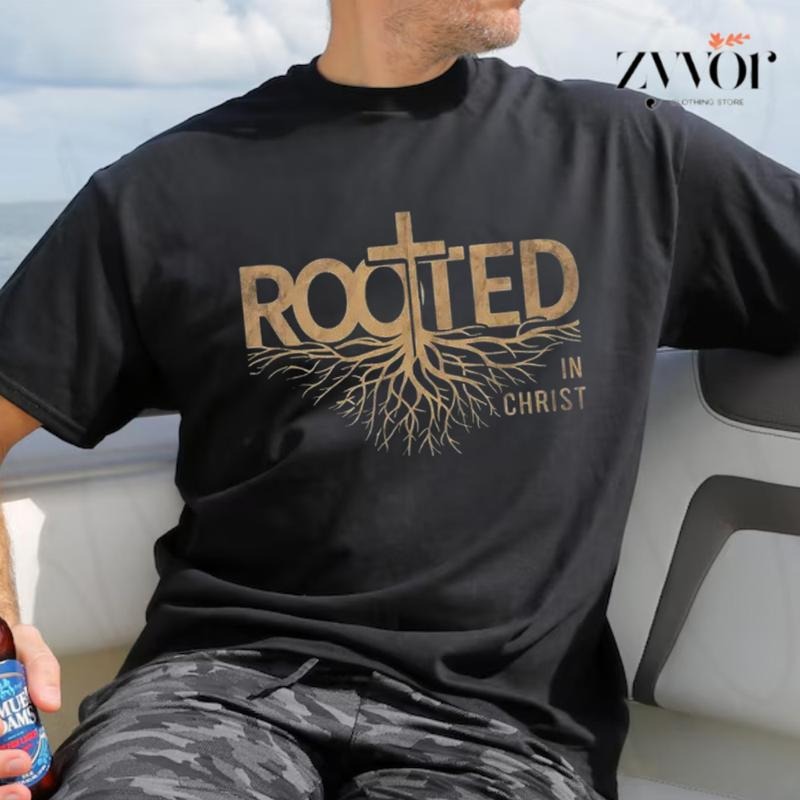 Rooted In Christ T-Shirt Casual Style Crew Neck Short Sleeve T-Shirt Tops Trendy for Unisex, Perfect Gift Hoodie, Sweatshirt