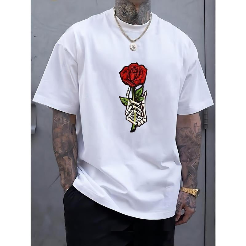 Rose Pattern Print Men's New Round Crew Neck Short Sleeve Tee, Fashion T-Shirt, Comfy Breathable Casual Sports Top For...