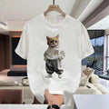 Round Neck Short Sleeve Cartoon Cat Print T-Shirt Men's Trendy Casual Loose Top Hoodie, Sweatshirt | GrindPrints.com