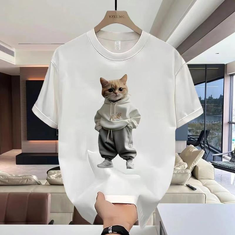 Round Neck Short Sleeve Cartoon Cat Print T-Shirt Men's Trendy Casual Loose Top Hoodie, Sweatshirt | GrindPrints.com
