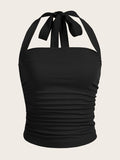 Ruched Halter Y2K Crop Tops Tie Back Sleeveless Slim Fit Cami Tops T-Shirts, Hoodie, Sweatshirt | GrindPrints.com