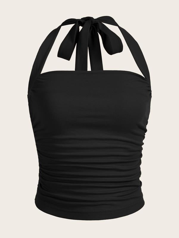 Ruched Halter Y2K Crop Tops Tie Back Sleeveless Slim Fit Cami Tops T-Shirts, Hoodie, Sweatshirt | GrindPrints.com