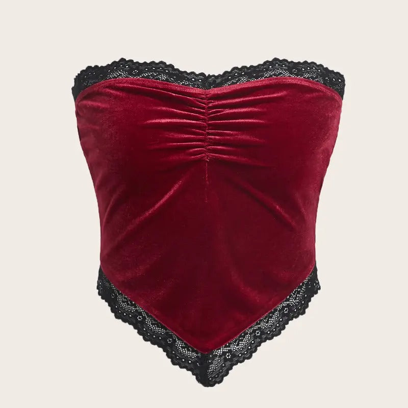 Ruched Lace Trim Strapless Asymmetrical Hem Velvet Bandana Crop Tube Top T-Shirts, Hoodie, Sweatshirt | GrindPrints.com