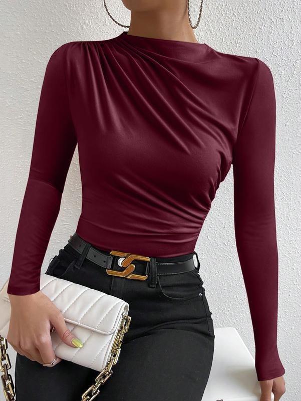 Ruched Long Sleeve T-Shirts Mock Neck Slim Fitted Tee Shirt Tops Hoodie, Sweatshirt | GrindPrints.com