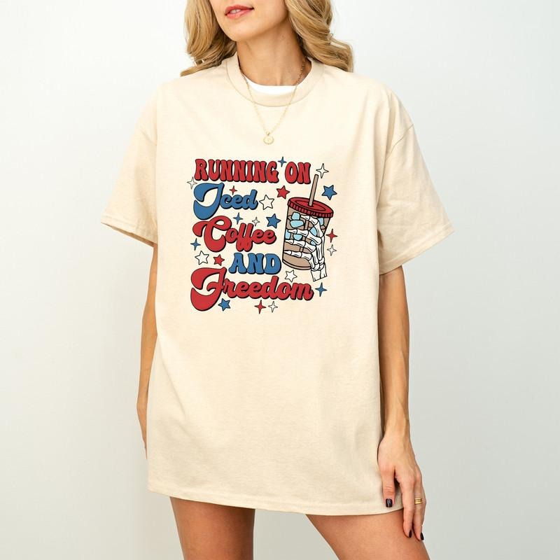 Running on Iced Coffee and Freedom T- Shirt, Coffee Shirt, 4th of July Shirt, Fourth Of July Shirt, America Shirt,...