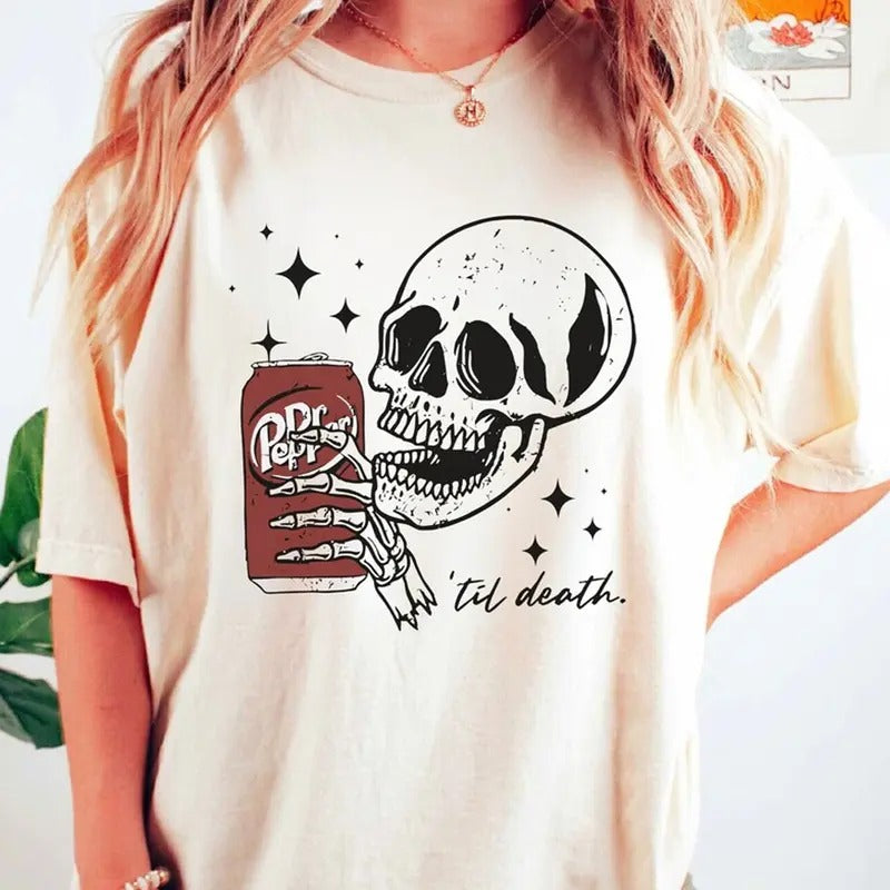[SALE UP TO 45%] Funny Skull Drinks Dr.Pepper Til Death T-shirt, Trendy Spooky Season Shirt, Breath Cotton Casual Unisex...