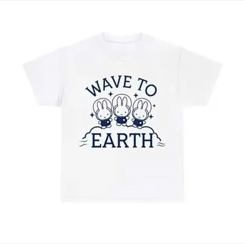 [SALE UP TO 45%] Wave to Earth Funny Bunny Astronauts Meme Graphics T-shirt for men and women Classic Cotton Menswear...