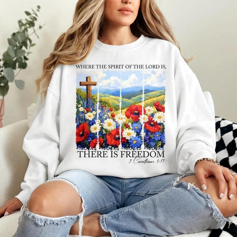 [SALE UP TO 60%] Bible Verse Freedom T-Shirt, Sweatshirt, Christian 4th of July Graphic, Patriotic Cross and Wildflower...