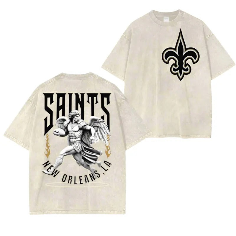 Saints Streetwear Unisex Oversized Snow Wash T-Shirt Themed Sports Tee Unique Saints Fan Vintage Tee Hoodie, Sweatshirt