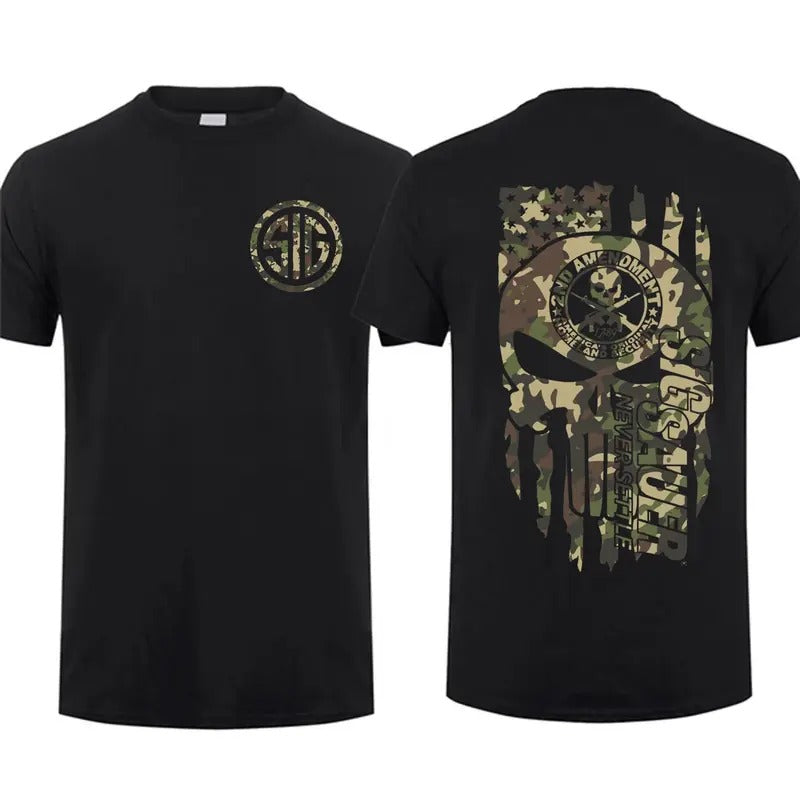 [Sale Up To 60%] 2025 Top Sig Sauer American Skull Flag With Camo T-shirt Unisex Short Sleeve Casual 100% Cotton Top...
