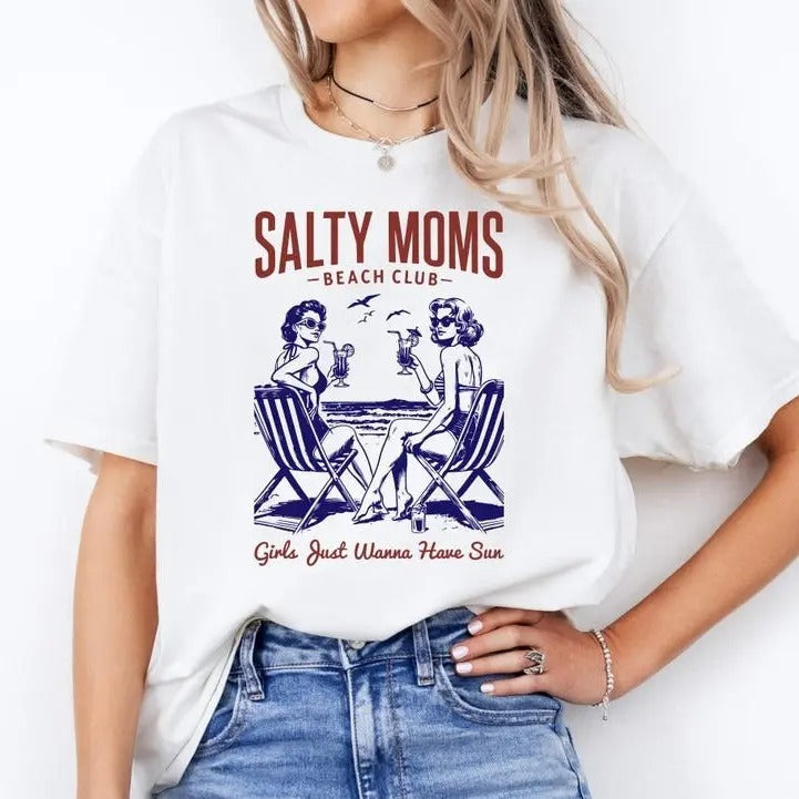 Salty Mom The Beach Club Summer Vibes Shirt, Aesthetic Retro Beach Girl Tee, Funny Sarcastic Mama Shirt, Mom Gifts...