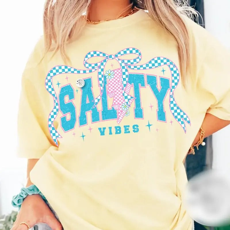 Salty Vibes Checkerboard Coquette Bow Yellow Shirt, Summer Vibes Tee, Retro Summer Beach Shirt, Gift for Her Hoodie,...