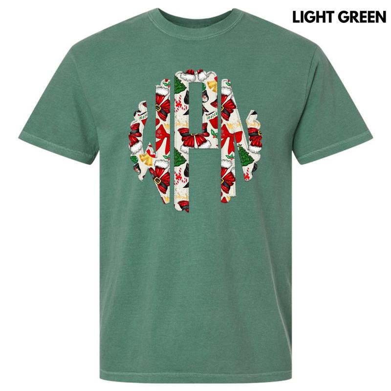 Santa Bow Theme Monogram Comfort Colors T-Shirt 'NLB' Hoodie, Sweatshirt | GrindPrints.com