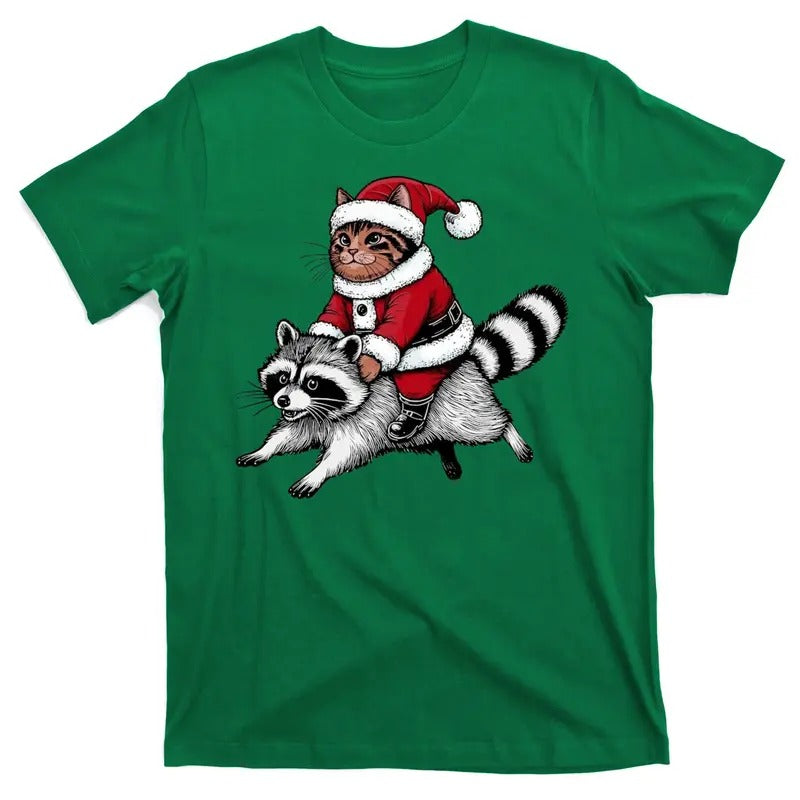 Santa Cat Raccoon Funny Christmas Animal Lover Fun T-Shirt for Men or Women Hoodie, Sweatshirt | GrindPrints.com