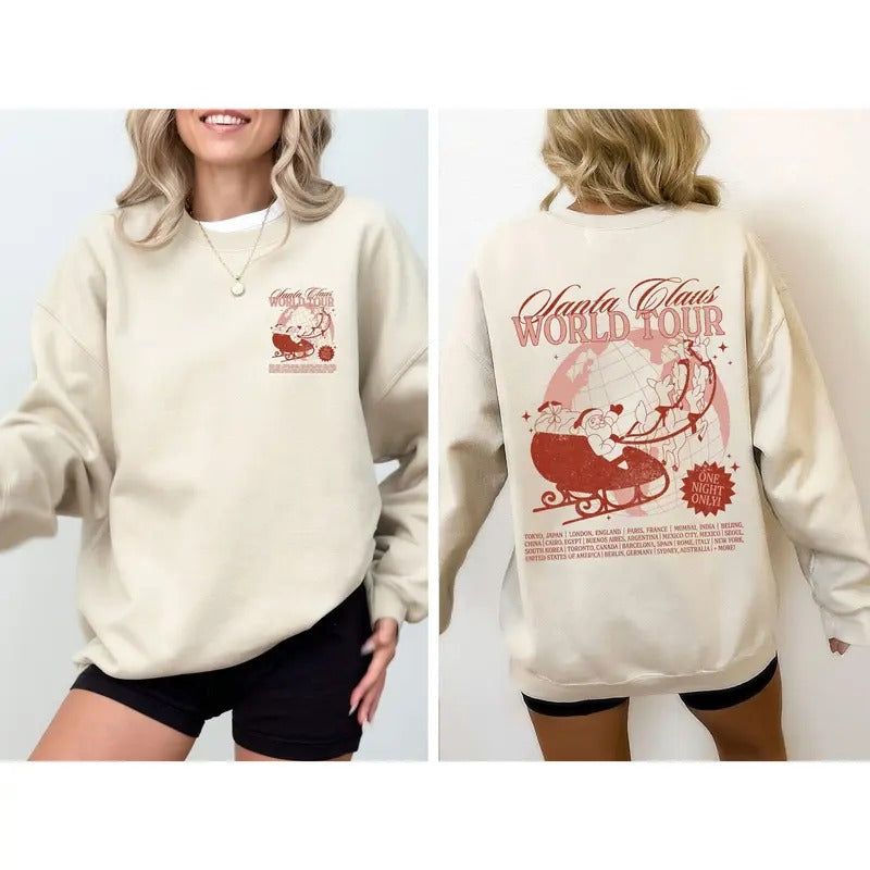 Santa Claus World Tour, Red, Christmas, Sleigh, Reindeer, Magic, Winter, Xmas Sweatshirt, Women's Crew Neck, Crewneck...