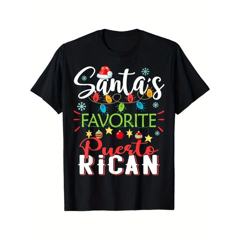 Santa's Favorite Puerto Rican Xmas Light Santa Hat Christmas T-Shirt, Black, 100% Cotton, Gift for Men Dad Friends,...