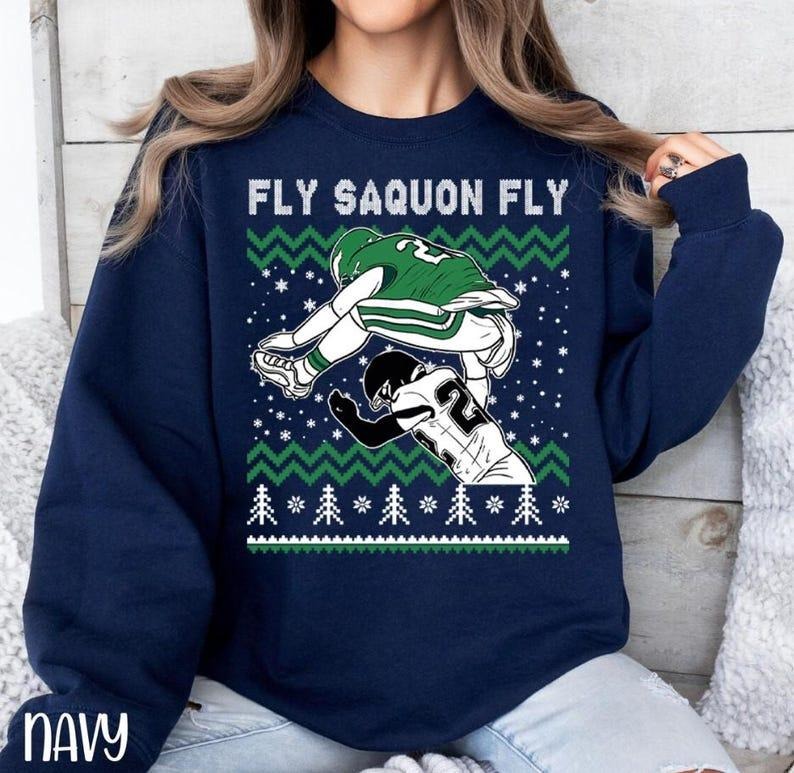 Saquon Barkley Jump Ugly Christmas Crewneck Sweatshirt, Merry Christmas Football T-Shirts, Hoodie | GrindPrints.com