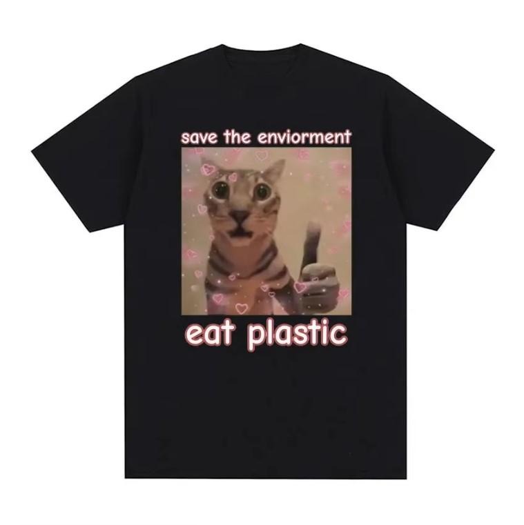 Save The Environment Eat Plastic Cute Cat Graphic T Shirt Funny Men Women Hoodie, Sweatshirt | GrindPrints.com