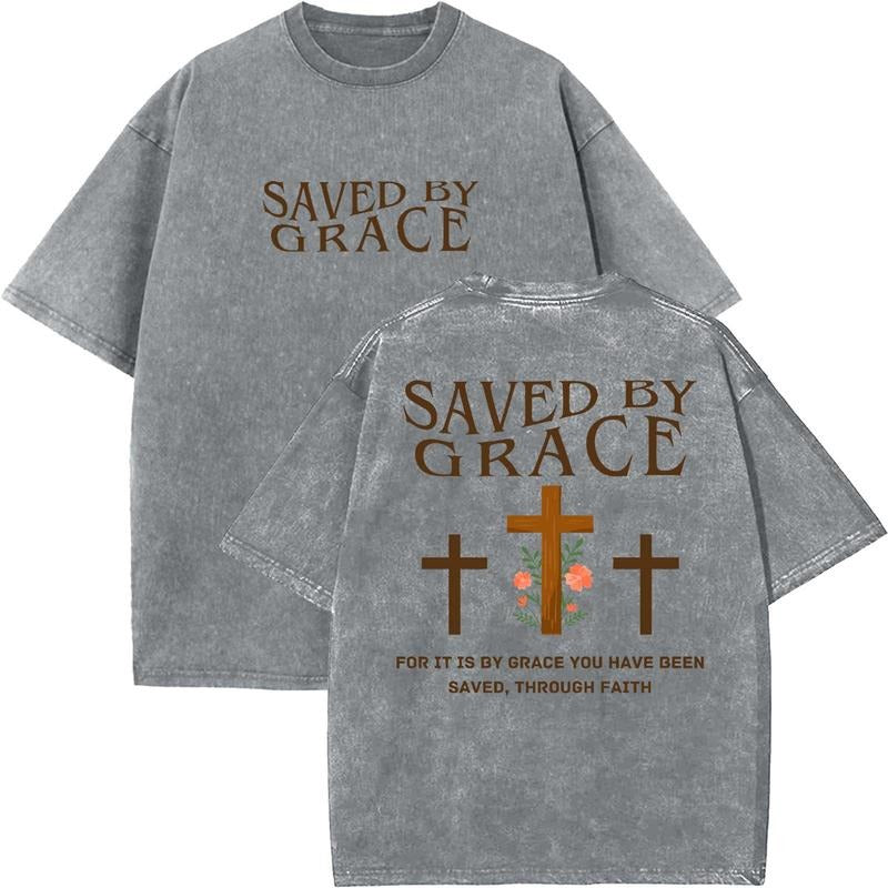 Saved By Grace Unisex Washed T-Shirt, Christian Tshirts, Vintage 90s Graphic Tee, Gift Top Womenswear Cotton Mineral...