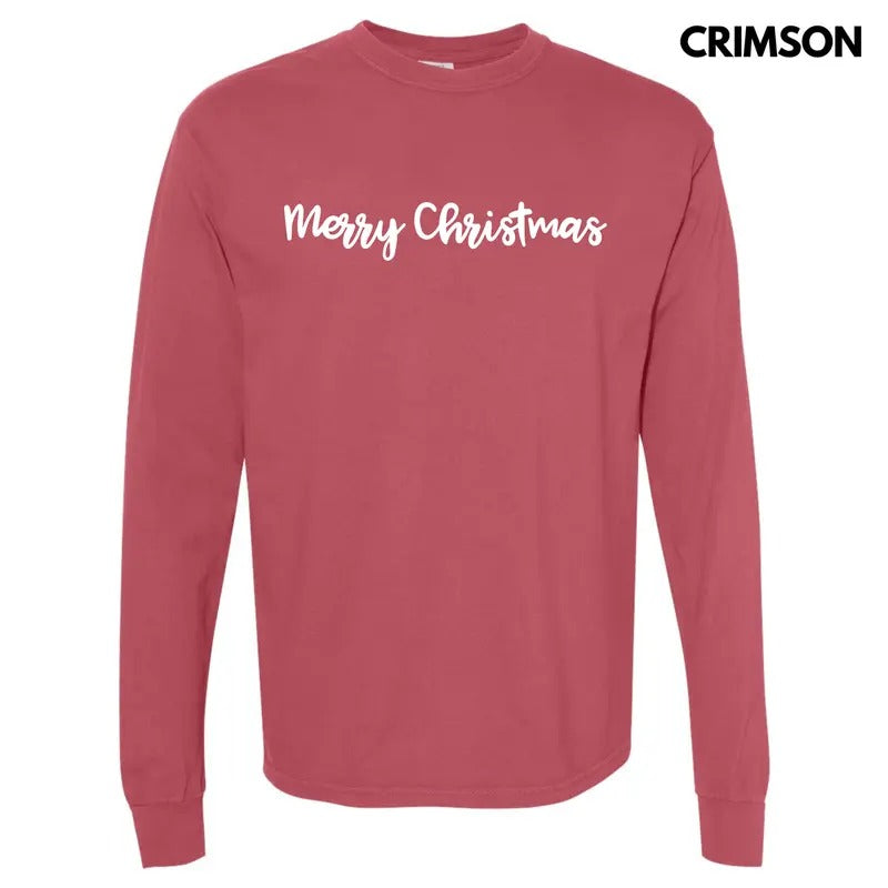 Script Merry Christmas Long Sleeve Comfort Colors T-Shirt 'NLB' Hoodie, Sweatshirt | GrindPrints.com