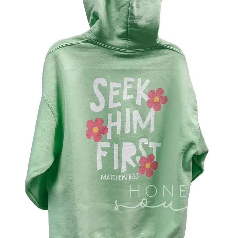 Seek Him First Hoodie | Bible verse hoodie | Christian apparel | Faith Based Christian Hoodie Cotton Menswear Polyester...