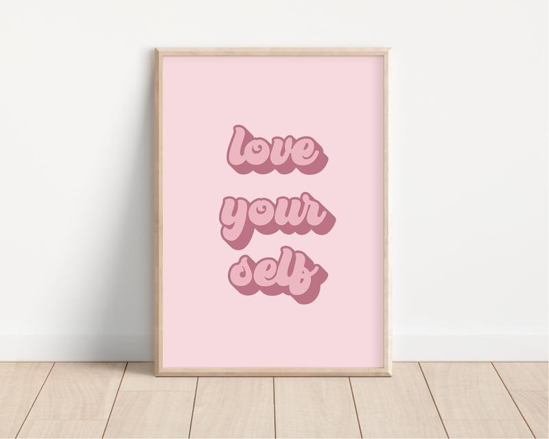 Self-Love Retro Poster, Inspirational Quote Art, Aesthetic Pink Wall Print, College Dorm Decor, Body Positive Artwork,...