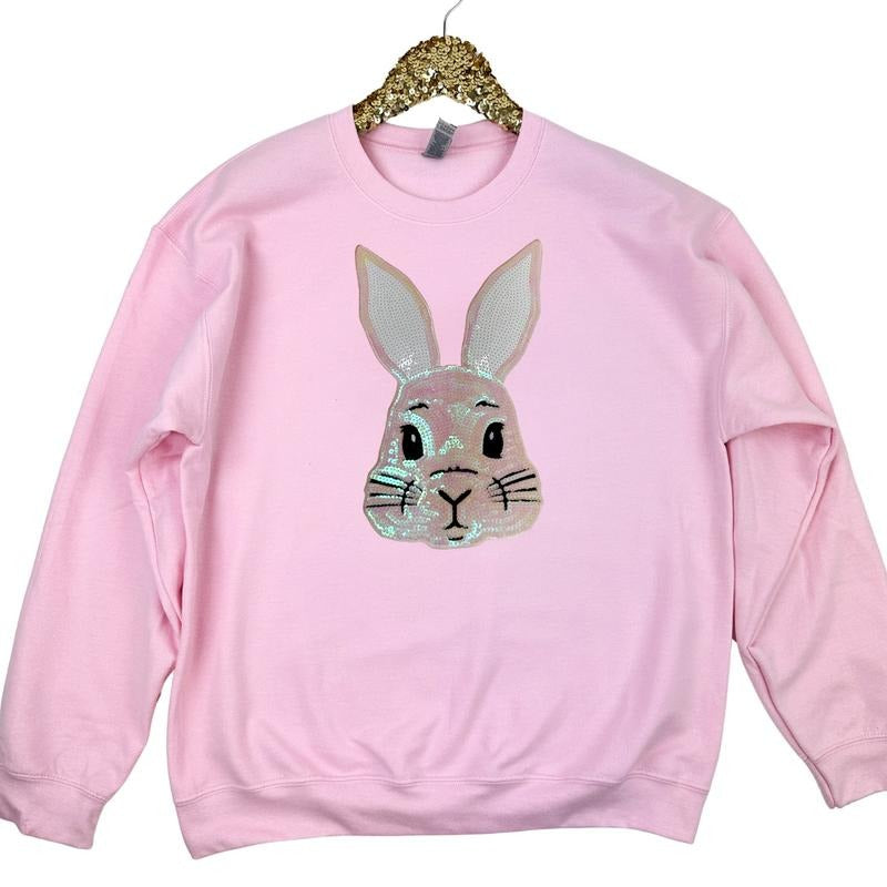 Sequin Bunny Face Gildan Sweatshirt -- LIGHT PINK T-Shirts, Hoodie | GrindPrints.com
