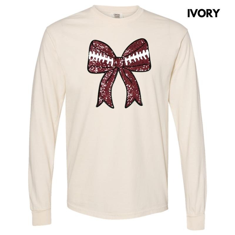 Sequin Football Bow Patch Long Sleeve Comfort Colors T-Shirt Hoodie, Sweatshirt | GrindPrints.com