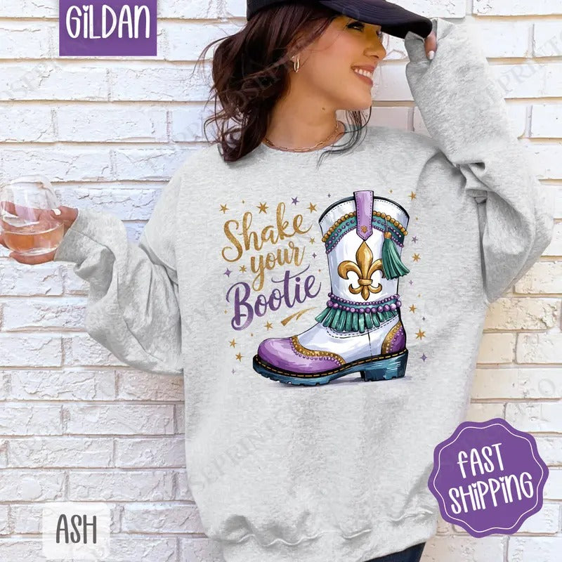 Shake Your Bootie Sweatshirt, Mardi Gras Crewneck, Holiday Women's Sweater T-Shirts, Hoodie | GrindPrints.com