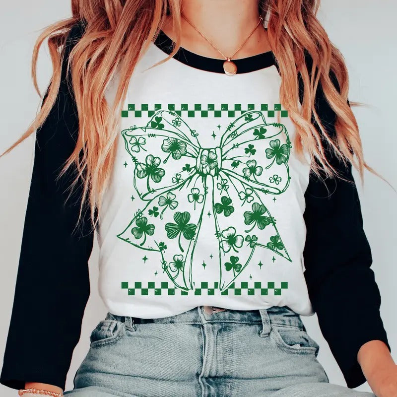 Shamrock Coquette Big Bow Unisex Shirt, St Patrick's Clover Tshirt, TWO SHIRTS AVAILABLE Hoodie, Sweatshirt | GrindPrints.com