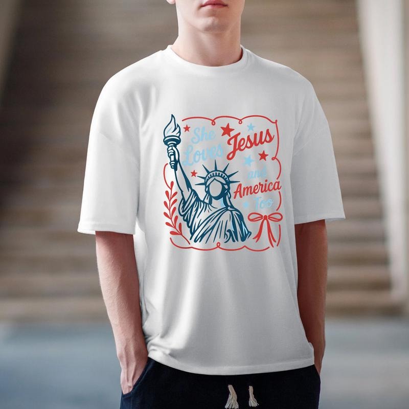 She Loves Jesus And America Too Tee Pure Cotton Casual Style Crew Neck Short Sleeve T-Shirt Tops Trendy for Unisex...