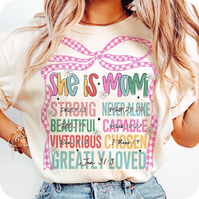 She is Mom T-Shirt, Flower Mom T-Shirt, Blessed Mom T-Shirt, Mom Coquette T-Shirt, Mom T-Shirt, Mom Life T-Shirt,...