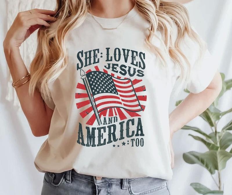 She loves Jesus and America Too Shirt, Christian Shirt, 4th of July Shirt Hoodie, Sweatshirt | GrindPrints.com
