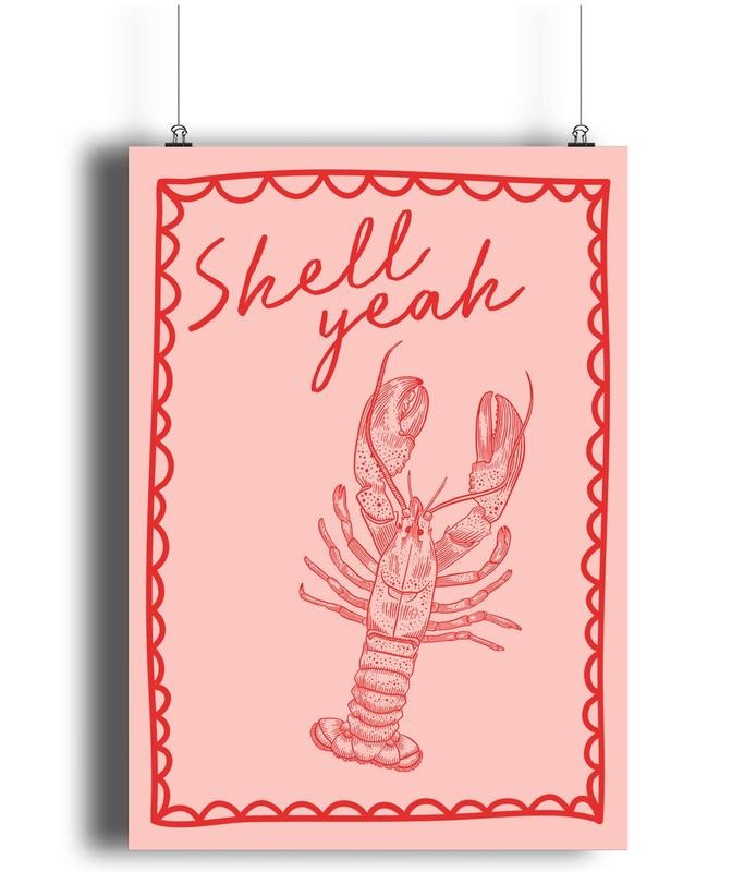 Shell Yeah Art Print, Pink Kitchen Lobster Print, Lobster Decor, Gifts For Sister Family Wall Art, Poster Prints No...