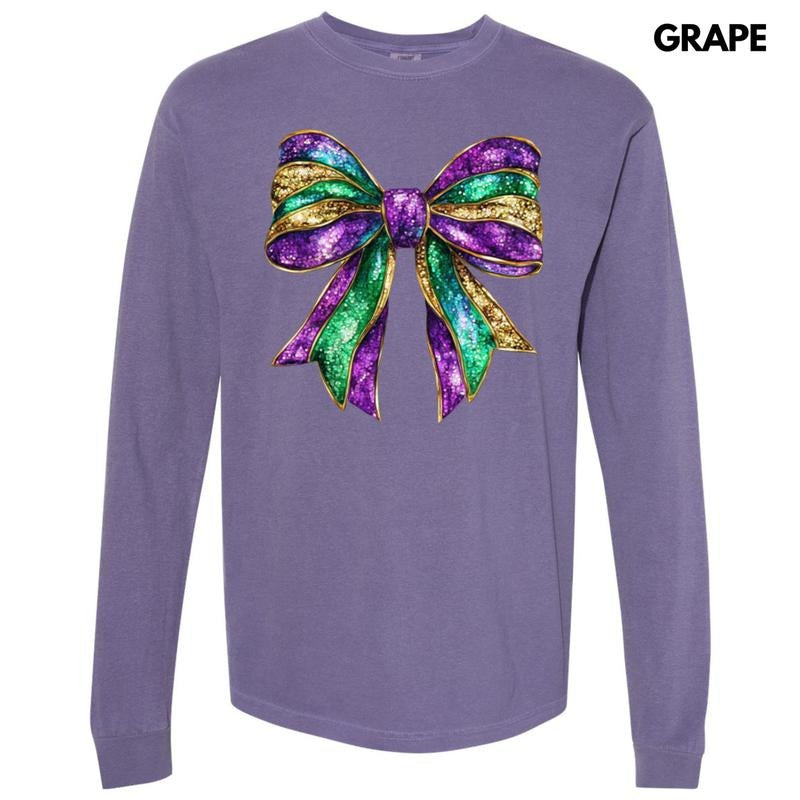 Shimmer Mardi Gras Bow Long Sleeve Comfort Colors T-Shirt Hoodie, Sweatshirt | GrindPrints.com