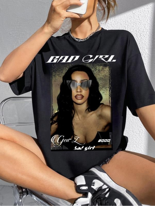 Short Sleeve Oversized Graphic Print T-Shirt Round Neck Drop Shoulder Casual Tee Top Hoodie, Sweatshirt | GrindPrints.com