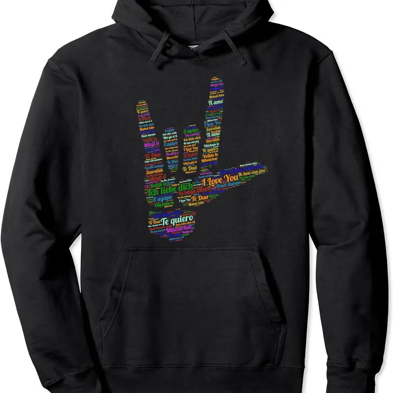 Sign I Love You in Different 40 Languages, ASL Pullover Hoodie | Unisex Hooded Sweatshirt T-Shirts | GrindPrints.com