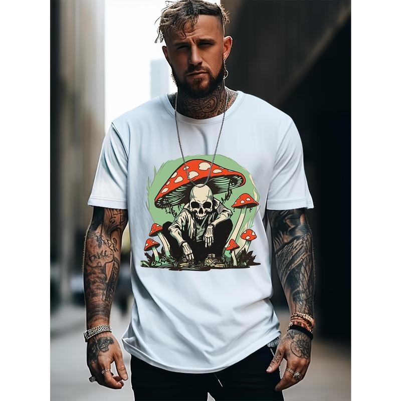 Skeleton And Mushrooms Print Tee Shirt, Tees For Men, Casual Short Sleeve T-shirt For Summer Made in USA Hoodie, Sweatshirt