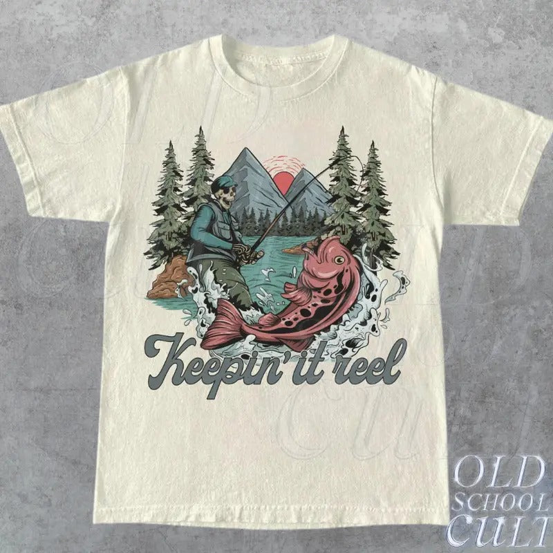 Skeleton Fishing Vintage 90s T-Shirt, Retro Skull Fishing Graphic Shirt, Oversize Nature Y2k Shirt, Fishing Lovers Gift,...