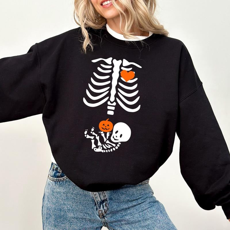 Skeleton Halloween Maternity Sweatshirt, Funny Pregnancy Announcement Shirt 2023, Pregnant Women Costume, Fall New Mom...