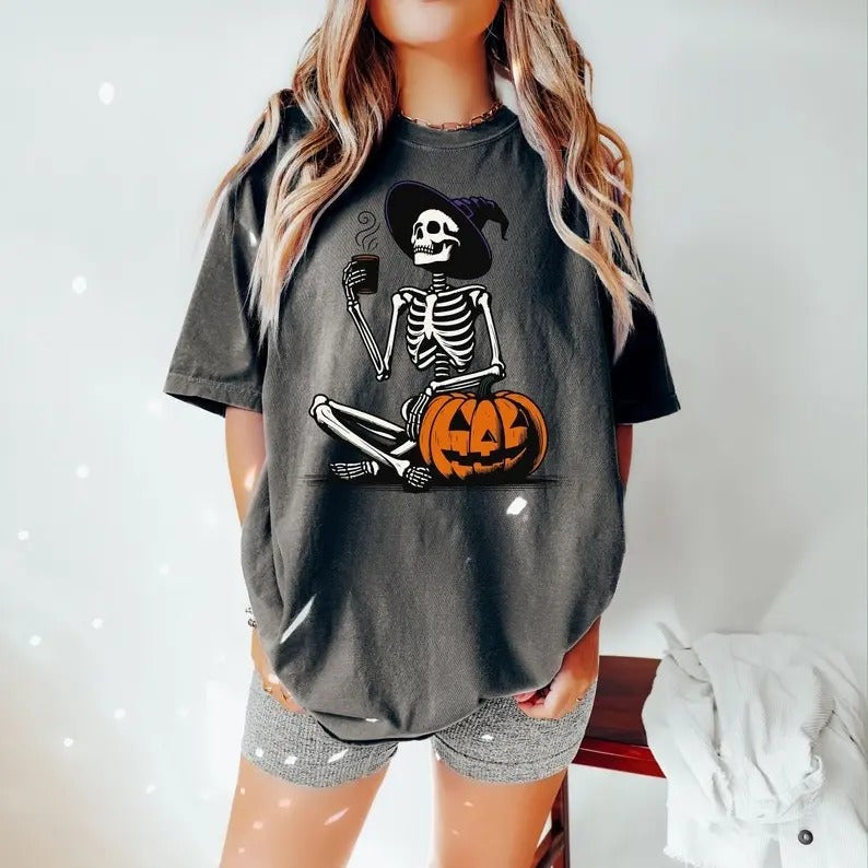 Skeleton Pumpkin Shirt Coffee Lover Skeleton Shirt Fall Coffee Latte Shirt Retro Halloween Shirt Halloween Shirt Top Womenswear T-Shirts, Hoodie, Sweatshirt