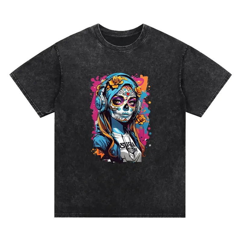 Skull girl washed T-shirt, stunning debut, Headphone garland, fashion, Colorful, street aura, Comfortable manufactures,...