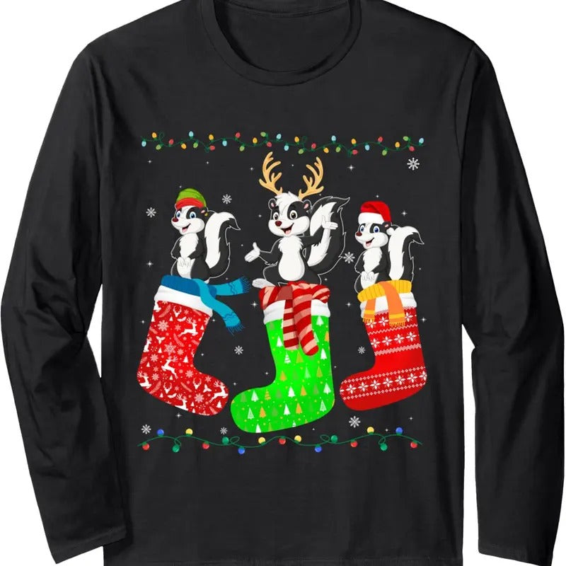 Skunk in Xmas Socks Funny Holiday Ugly Sweater Christmas Long Sleeve T-Shirt Hoodie, Sweatshirt | GrindPrints.com