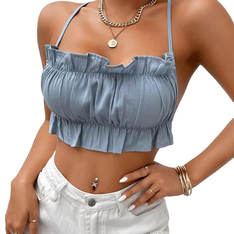 Sleeveless Criss Cross Tie Backless Ruffle Trim Party Going Out Crop Cami Tops T-Shirts, Hoodie, Sweatshirt | GrindPrints.com