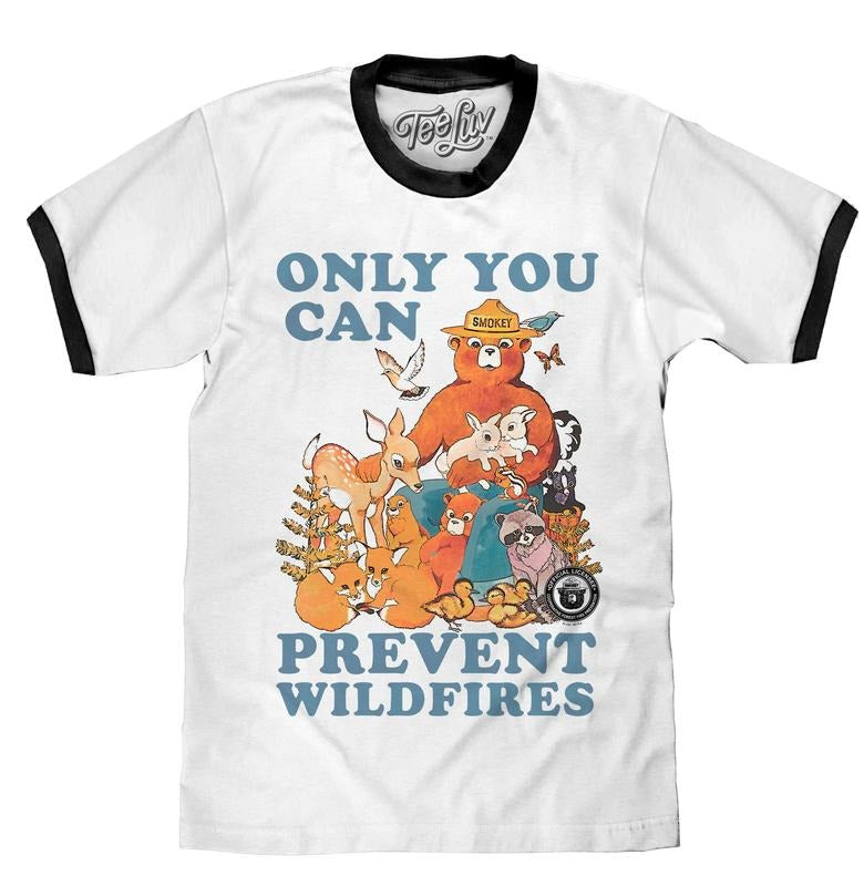 Smokey Bear Only You Can Prevent Wildfires Ringer T-Shirt - White and Black Hoodie, Sweatshirt | GrindPrints.com