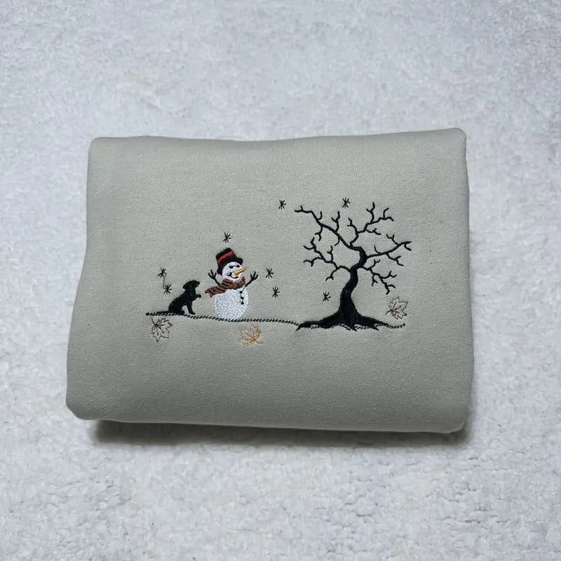 Snowman and a dog embroidered sweatshirt; Cotton Casual dog embroidered crewneck Womenswear Hoodie T-Shirts | GrindPrints.com