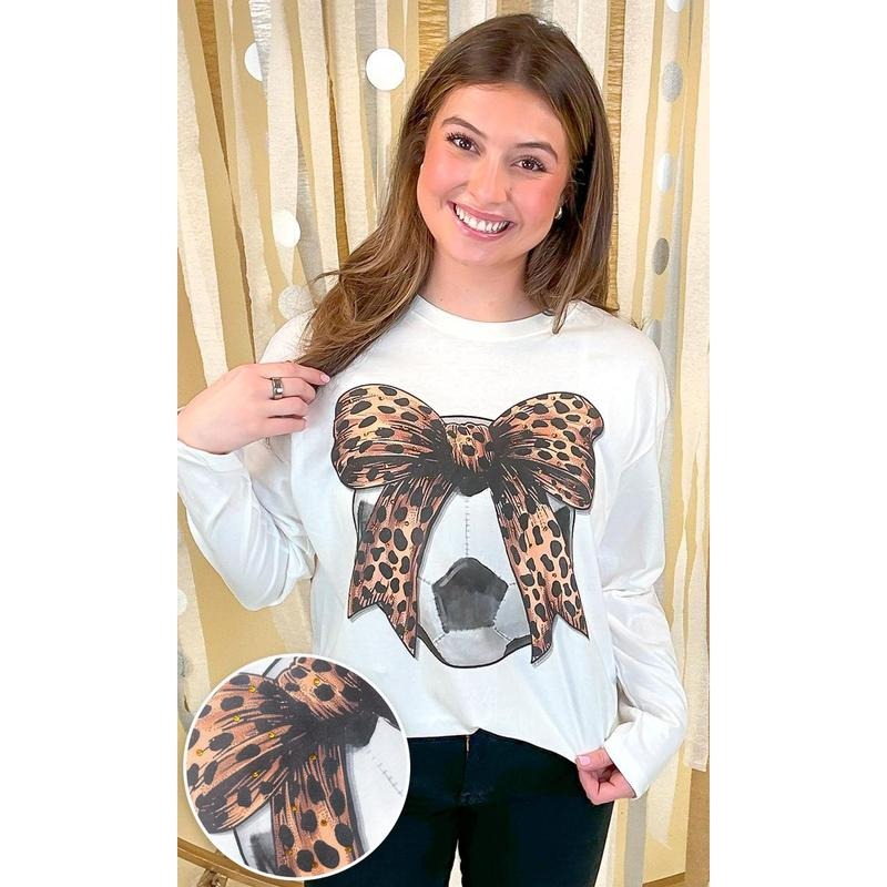 Soccer Cheetah Bow Rhinestone Graphic Long Sleeve Shirt Hoodie, Sweatshirt | GrindPrints.com